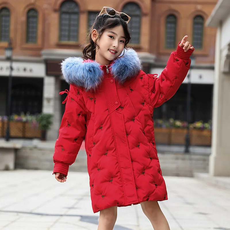 Зимняя парка для девочек-30 градусов теплая верхняя одежда с меховым воротником и капюшоном детская одежда детские пуховые пальто для девочек от 6 до 14 лет - Цвет: Красный