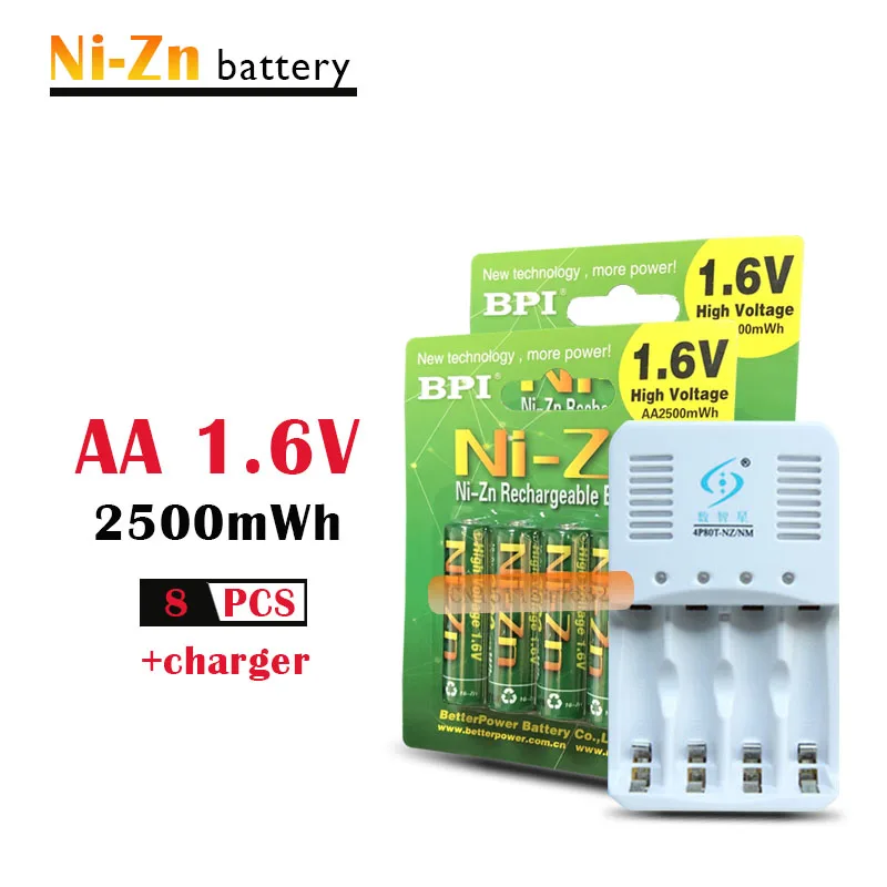 8Pcs NiZn Ni-Zn 1.6V AA 2500mWh Rechargeable Battery + smart Charger Much Powerful and stronger than Ni-MH battery | Электроника