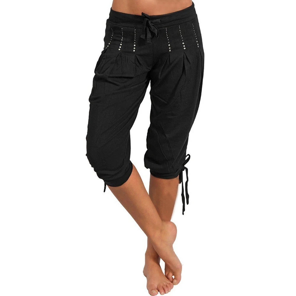 Oeak, летние штаны, женские укороченные брюки, повседневные штаны, высокая талия, карман, сексуальные, с блестками, плиссированные, на бретелях, укороченные брюки - Цвет: black