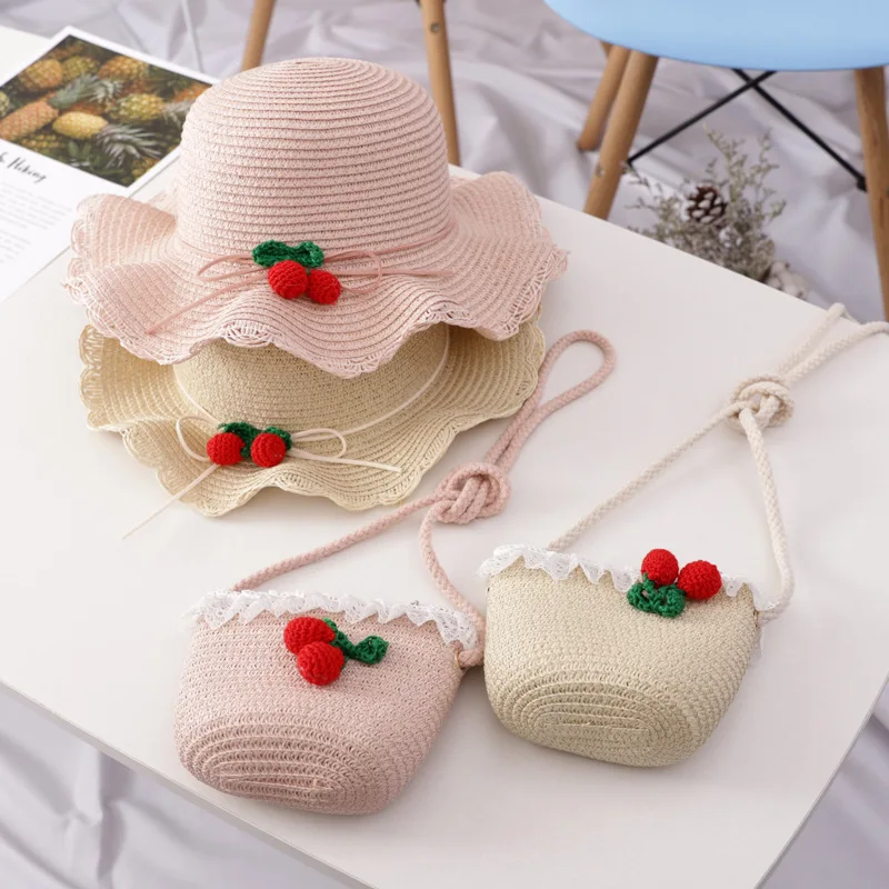 Girls Summer Straw Hat With Bag Children Outdoor Travel Sunscreen Panama Cherry Weaving Wide Brim Beach Caps Mini Satchel Kit