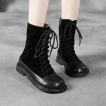 

Johnature Shoes Women Boots Genuine Leather Winter 2020 New Warm Lace-Up Plush Handmade Concise Leisure Ankle Platform Boots