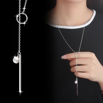 

925 Sterling Silver Fine Jewelry Pearl Circle Strip Long Chain Pendant Necklace collares kolye bijoux femme Choker Necklace