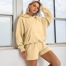 

Women's Tracksuit Casual Solid Long Sleeve Hooded Sport Suits Autumn Warm Hoodie Sweatshirts and Shorts Female Two Piece Sets
