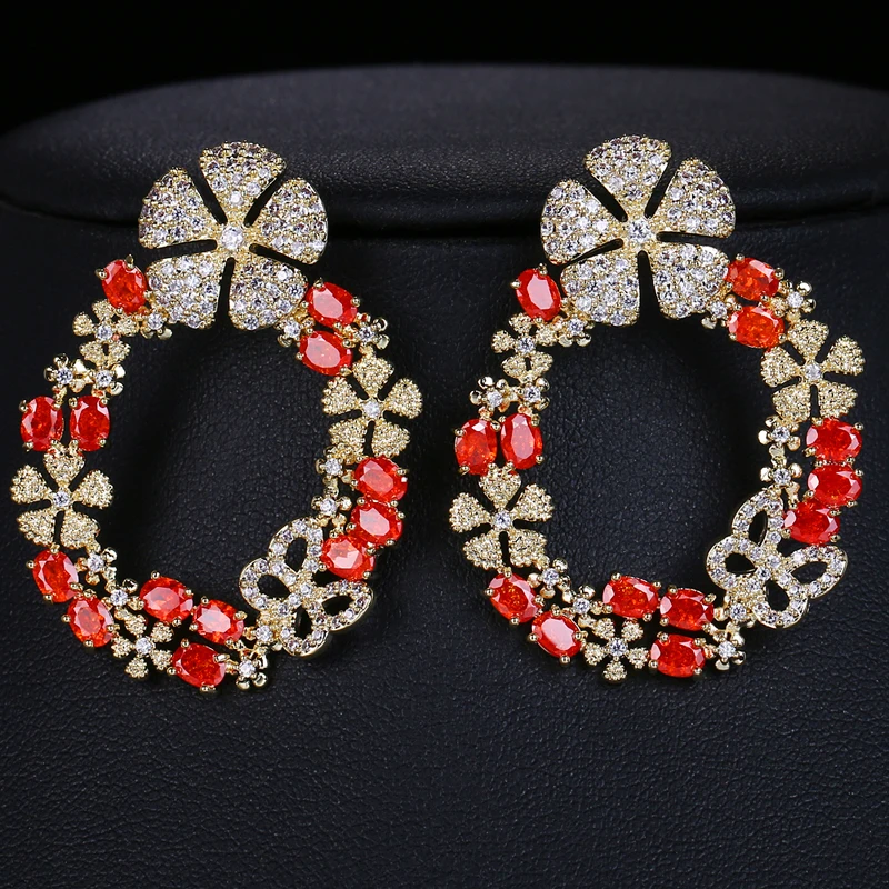 New Luxury Round Flower Women Stud Earrings Inlay Multicolor Zirconia Big Studs for Dubai Wedding Bridal Earing Fashion Jewelry