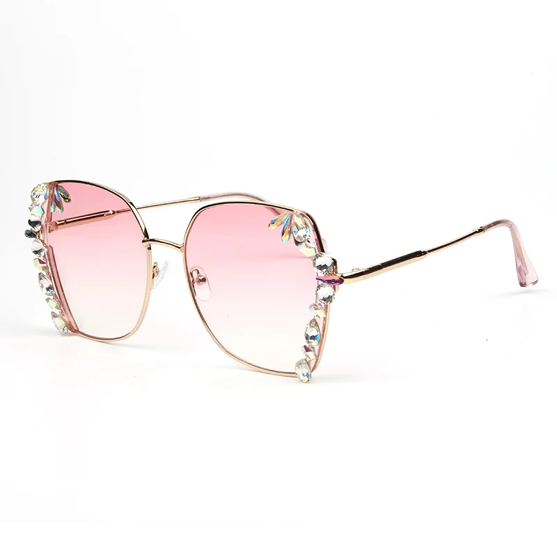 Роскошные негабаритные солнцезащитные очки для женщин, изысканные солнцезащитные очки с кристаллами, мужские очки без оправы, стразы, Винтажные Солнцезащитные Очки - Цвет линз: pink