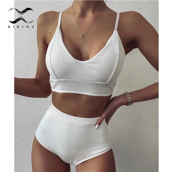 

Retro high waist bikinis 2020 woman Sexy white women's swimsuit Ribbed swimwear female swimming suit Plus size bathing suit XL