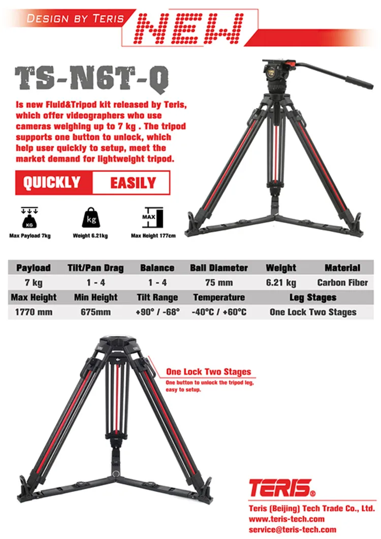 TRIX TS-N6T-Q штатив из углеродного волокна для видеокамеры, комплект штатива с жидкой головкой, нагрузка 7 кг, быстрый замок, профессиональный штатив