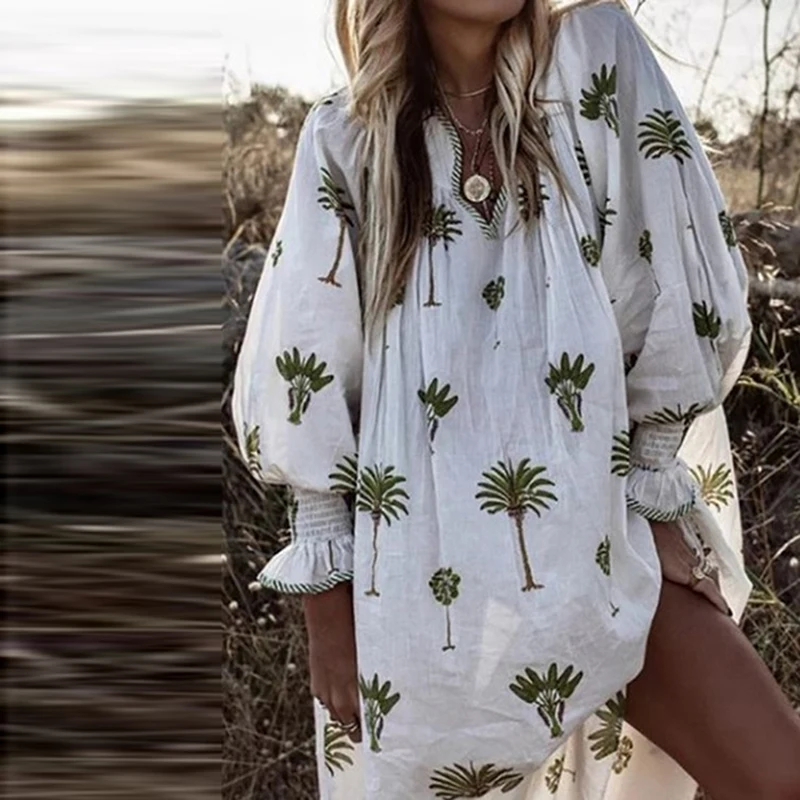 

Floral Print Dresses Autumn 2019 Women V-Neck Casual Lantern Long Sleeve Sundress Loose Beach Boho Dress Robe Femenina