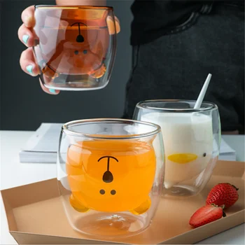 

New Glass Mugs Double Wall Glass Mug Bear Cat Dog Animal Double-layer Glass Mug Coffee Cup Christmas Mug Gift Cute Tea Milk Cup
