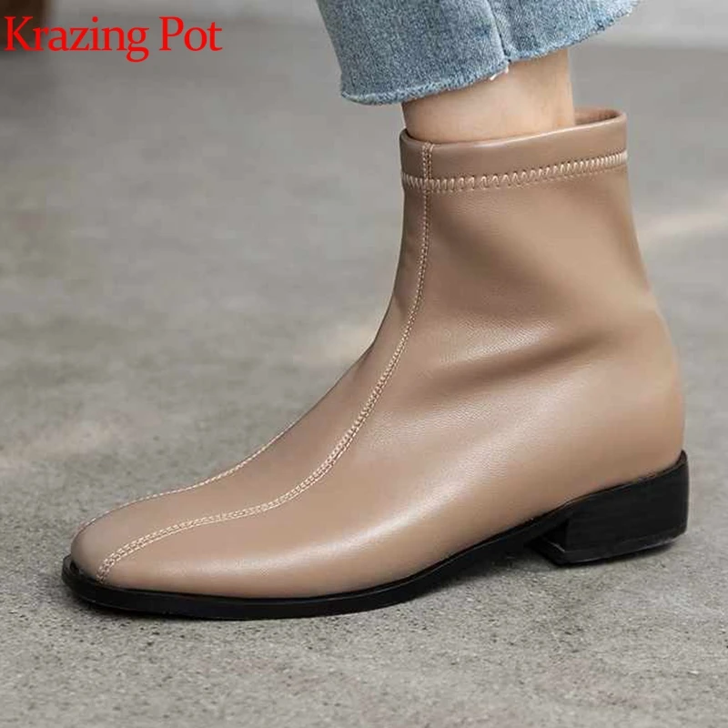 

krazing pot microfiber leather concise lazy design Chelsea boots square toe low heels winter cozy soft all-match ankle boots L13
