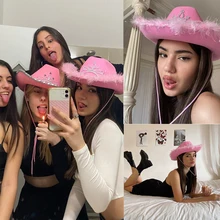 New Western Style Pink Cowboy Hat Women's Fashion Party Cap Warped Wide Brim with Sequin Decoration Crown Tiara Cowgirl Hat