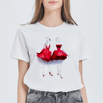 

Rose Petal Vestidos Women Fashion Elegant Print Lady T-shirt Summer Wild Harajuku Top T-shirt Girlfriend Dress