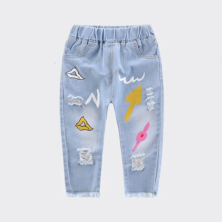 

Girls New Style Korean-style Childrenswear Female Baby Spring And Autumn Children with Holes Jeans Cartoon Watch Printed Trouser