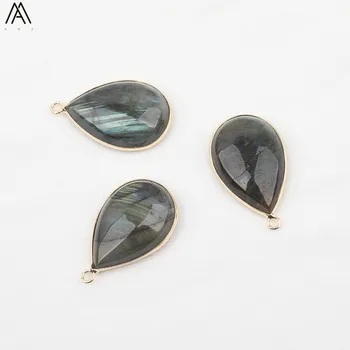 

5pcs/Lot Plated Gold Natural Labradorite Stone Water Drop Double Hole Pendant Charms For Necklace Jewelry DIY Making DT-23AMAJ