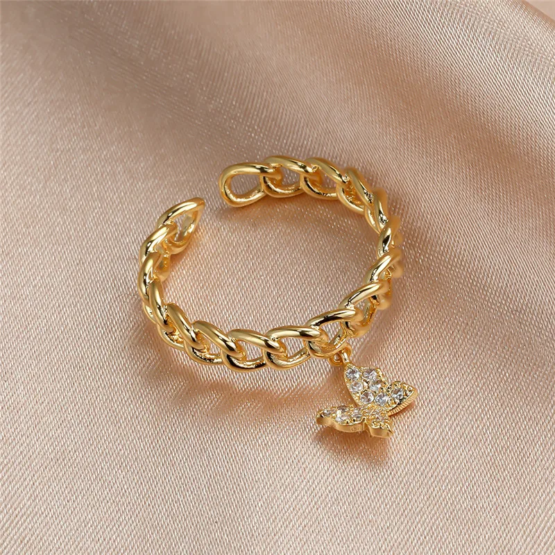 Trendy Female White Crystal Jewelry Rose Gold Silver Color Wedding Rings For Women Cute Butterfly Open Pendant Engagement Ring