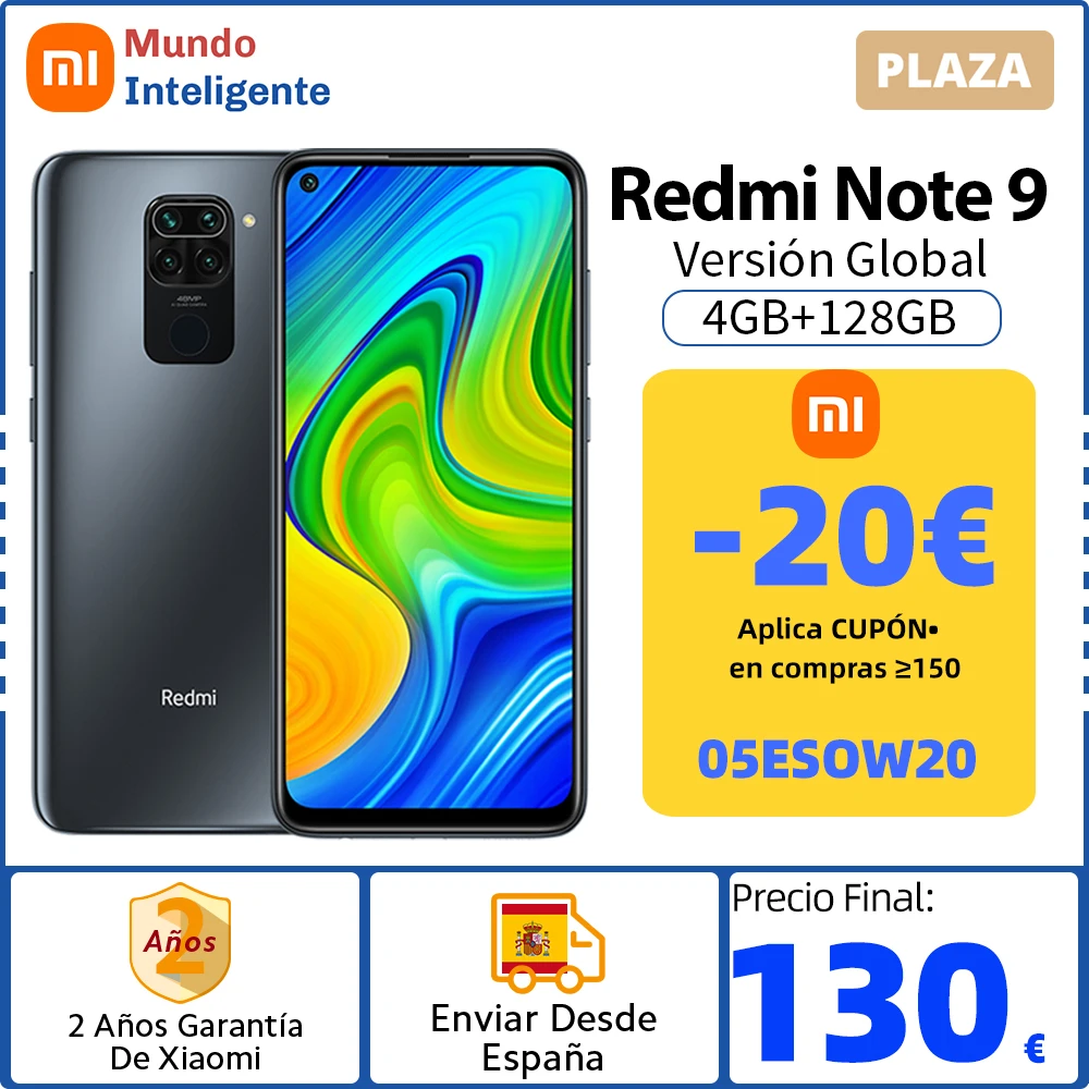 -20€ Código: 05ESOW20 ,Xiaomi-smartphone Redmi Note 9, versión Global, 4GB, 128GB, Quad CÁMARA DE 48MP, procesador Helio G85, pantalla de 6,53 , 5020mAh, Note 9