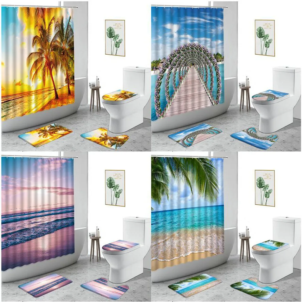 

Beach Sunset Scenery Shower Curtain Palm Trees Flowers Plank Road Home Decoration Bath Curtains Set Non-Slip Carpet Toilet Cover