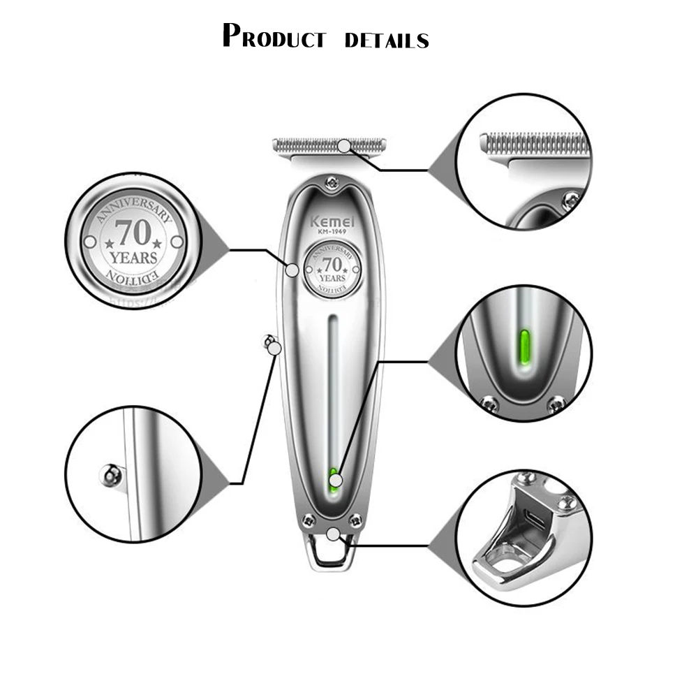 Máquina de Cortar Todos os Homens de Metal Cabelo sem Fio Máquina de Corte Kemei Cabelo Elétrica Aparador 0mm t Caldheaded Lâmina Acabamento Km-1949 - 1910 2024 11 aparador cabelo sem fio 0mm t caldheaded