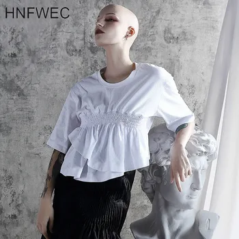 

2020 New Summer Fashion Streetwear Short Sleeve Ruffles Solid O Neck Waist Down Irregular T-shirt Top Women T295