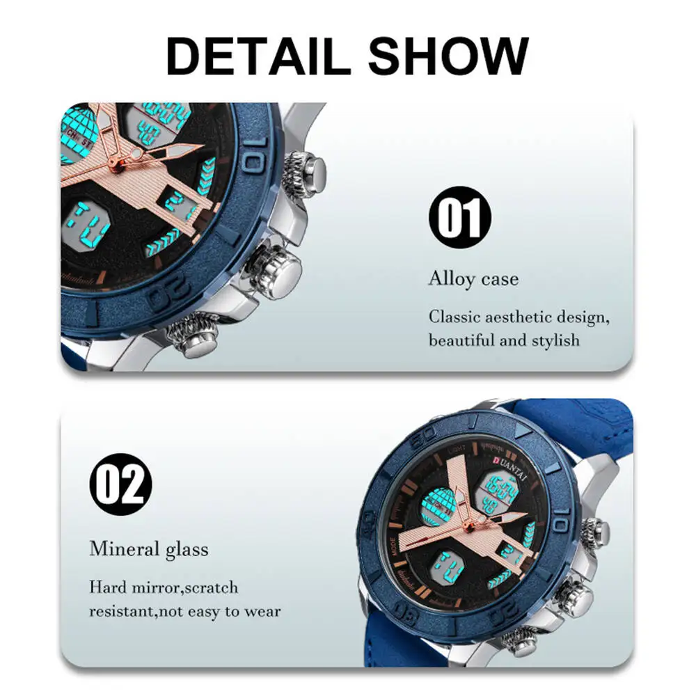 Мужские спортивные часы DUANTAI, роскошные часы с двумя часовыми поясами, мужские кожаные часы с Т-образной пряжкой, водонепроницаемые 3AM
