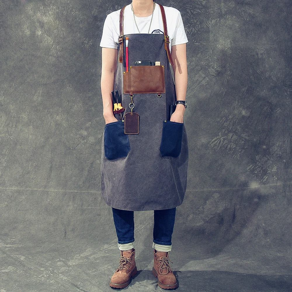 Work Apron Retro Washed Distressed Canvas First Layer Cow Leather Handmade Apron Top Grade Creative Craftsman Studio Equipment