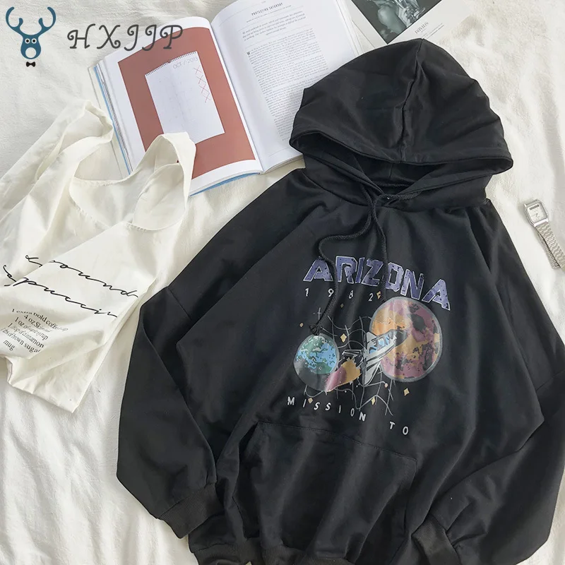 

HXJJP Women Loose Restore Star Airship Printing Black Thin Pullover O-neck Hoddie Sweatshirt Girls White Gray Hoodies