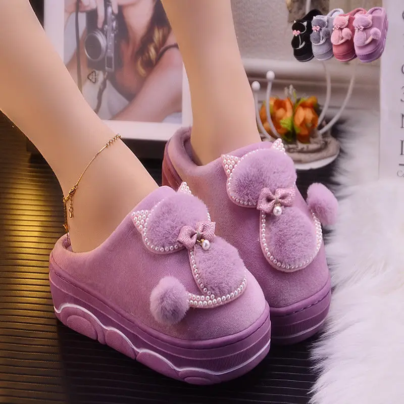 Purple cat Женские тапочки; пикантные стразы; домашние тапочки на платформе; женская зимняя домашняя обувь; женские домашние тапочки; pantoufles femme - Цвет: Purple cat