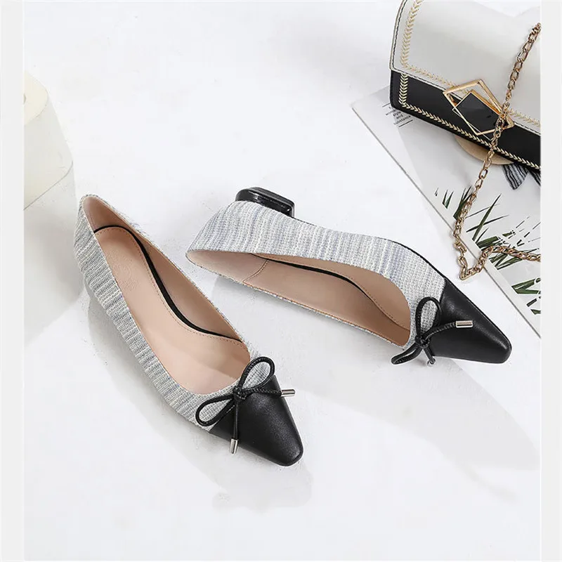 Plus Size 35-41 Women Pumps Shoes Korean Bow Mixed Color Single Office Lady Work Shoes Slip On 2CM Low-Heeled Pumps Women Shoes (4)