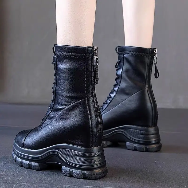 

Increase Wedges Martin boots Women Botties Winter Plus Velvet British Style Mid calf Slim Boots Female Warm Shoe Woman Back ZIP