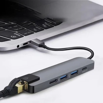 

5-in-1 Type-C Adapter USB HD RJ45 Port Converter TF SD Memory Card Reader High Speed USB3.0 Hub