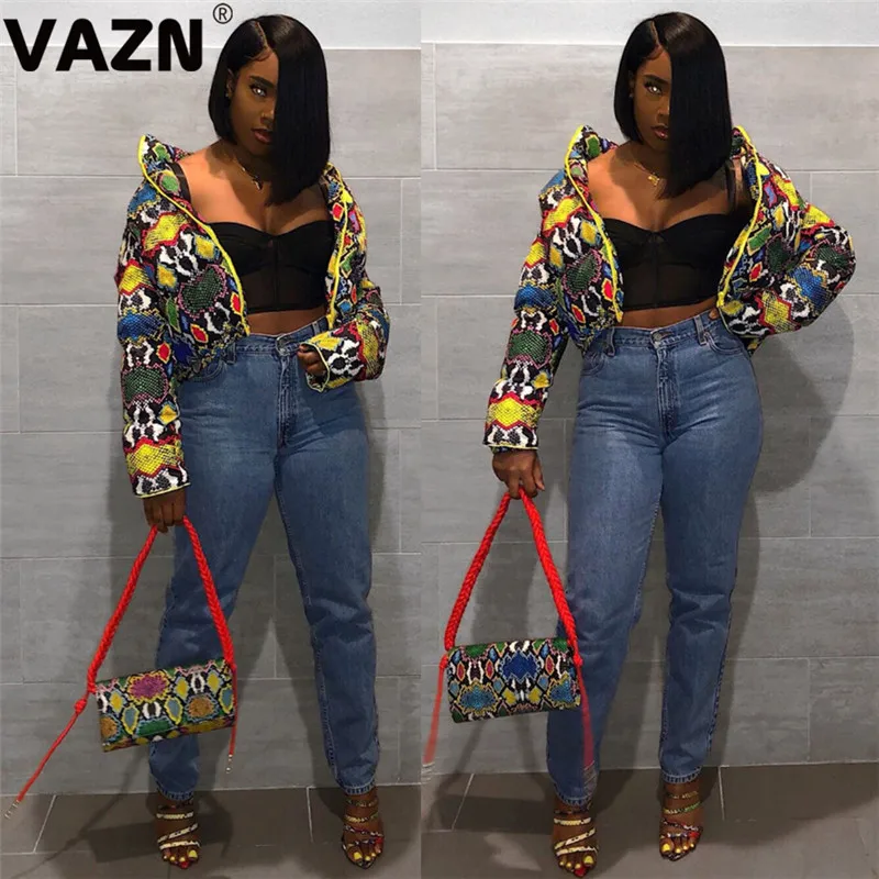 

VAZN Autumn Colorful Print Moto Style Sexy 2019 Zippers Slim Coat full sleeve V-neck Night Club Elegant Wind Coat