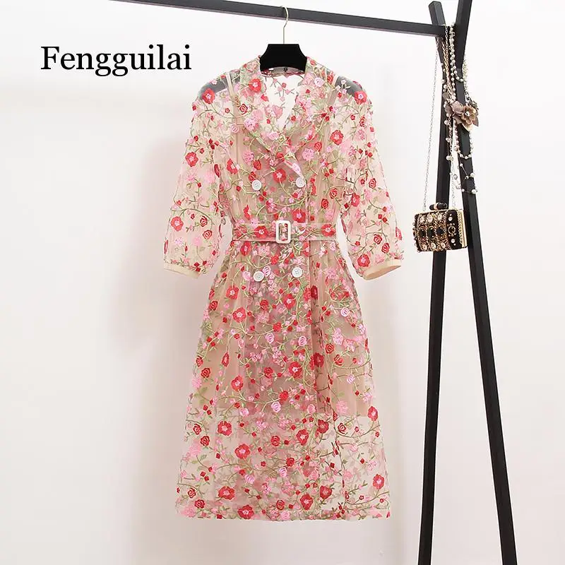 

Vintage Gauze Flower Embroidery Overlay Trench Coat Women Double-Breasted Notched Lantern Sleeve Belt Mesh Long Coat Outerwear