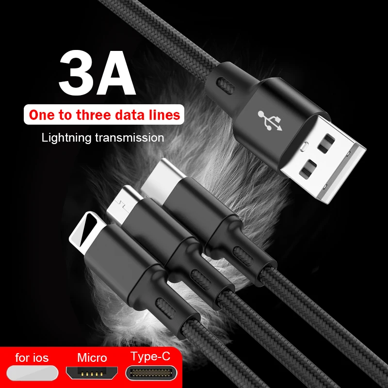 USB кабель для быстрой зарядки и передачи данных кабель E3 в 1 для ios 1 м USB кабель для зарядки и передачи данных type-C Micro USB Мобильный телефон 3A Android супер зарядное устройство