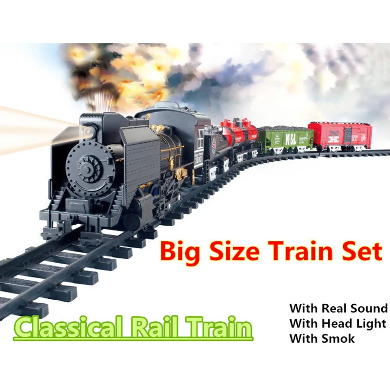 Christmas Big Size Classic toys Battery Operated Railway Rail Train 212*92 Electric Toy Railway Car with Sound Smoking Railcar