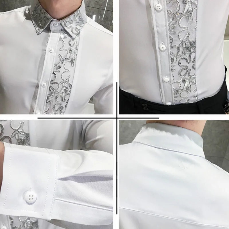Chemises Hommes Sexy Lace Patchwork Shirt New Fashion Men's Nightclub Party Work Shirt Formal Slim Fit Social Party men casual shirt
