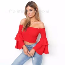 Spring and summer new style European and American fashion slash neck top Elastic trumpet sleeve cropped top layered trumpet sleeve botanical top