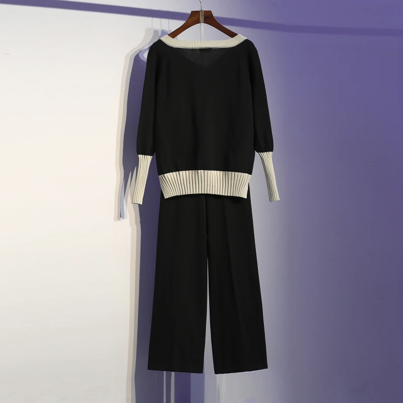 4XL Плюс Размер, комплект из двух предметов, топ и штаны, вязаный женский спортивный костюм со свитером для женщин, повседневные комплекты, осенний комплект со штанами