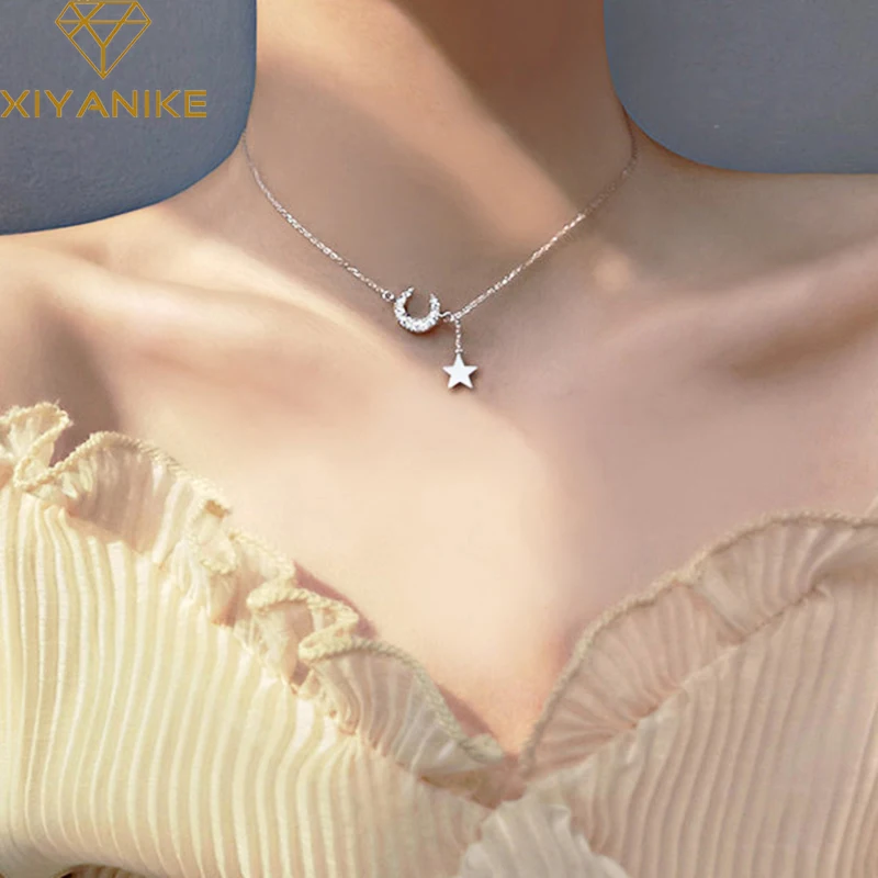 XIYANIKE 925 Sterling Silver Hot Fashion Moon Stars Tassel Pendant Necklace For Women Girls Wedding Party Charming Jewelry Gifts