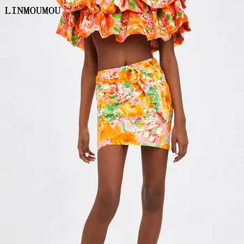 

Summer ladies skirt flower print belt decorative skirt pocket zipper high waist bohemian style slim mini skirt