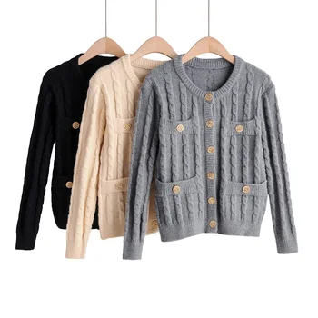 

2019 Autumn Women Sweater Knitted O-neck Slim With Pocket And Buttons Solid Casual Pullover Female Sweaters