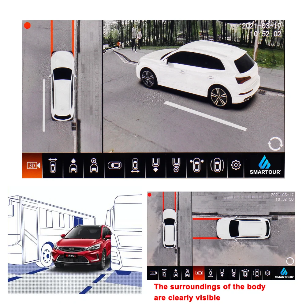 Système de vue panoramique à 360 degrés avec 4 caméras 3D, surveillance du stationnement autour de la voiture, enregistrement vidéo DVR avec bouton de commande