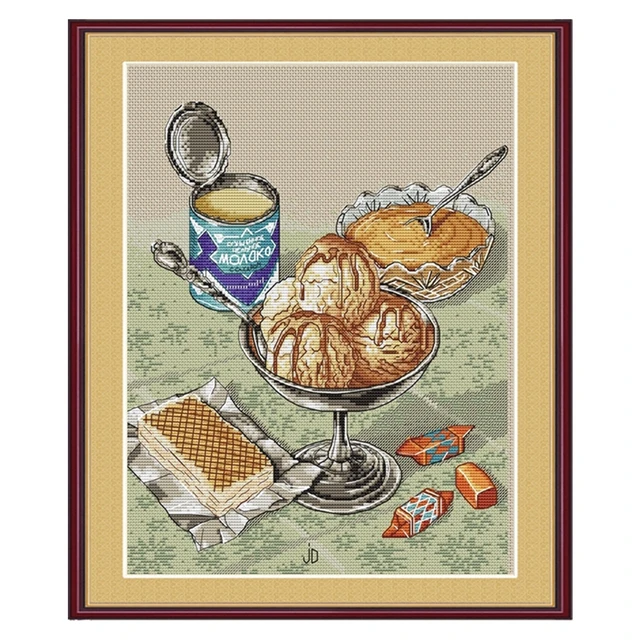 Home Restaurant Decorative Cross Stitch Cotton Set with 11CT Printed Cloth  Chinese Embroidered Ice Cream and