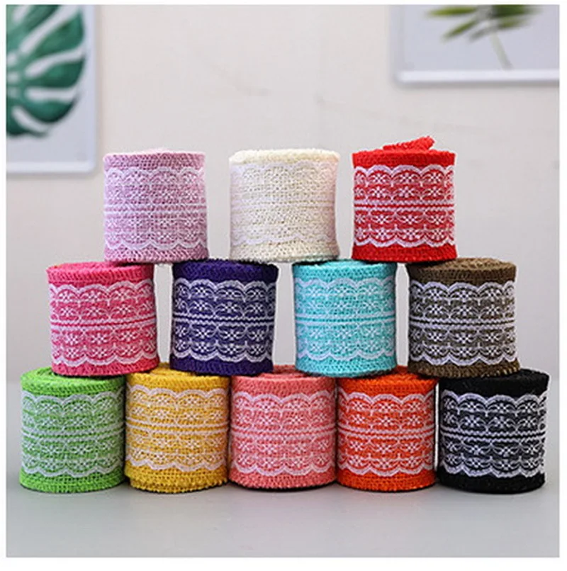 

Width 6cm 2M/Roll Natural Jute Burlap Hessian Ribbon with Different White Lace for Rustic Wrap Gift Packing Wedding Decoration