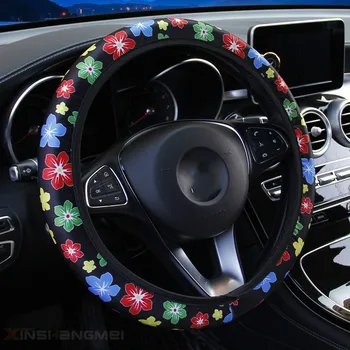 

38CM Anti-Slip Steering Wheel Cover Car Handlebar Cover Car Styling Interior Accessories Elastic Flowers Print Steering Covers