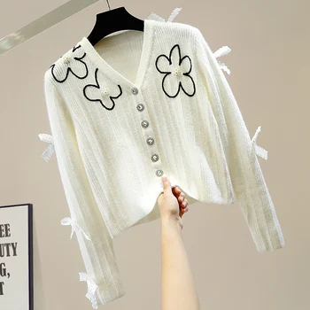 

Cardigans for Women 2020 New Beaded Diamond Bow Flower V-neck Sweater Cardigan Jacket Lady Chic Top Casual Cropped Cardigan