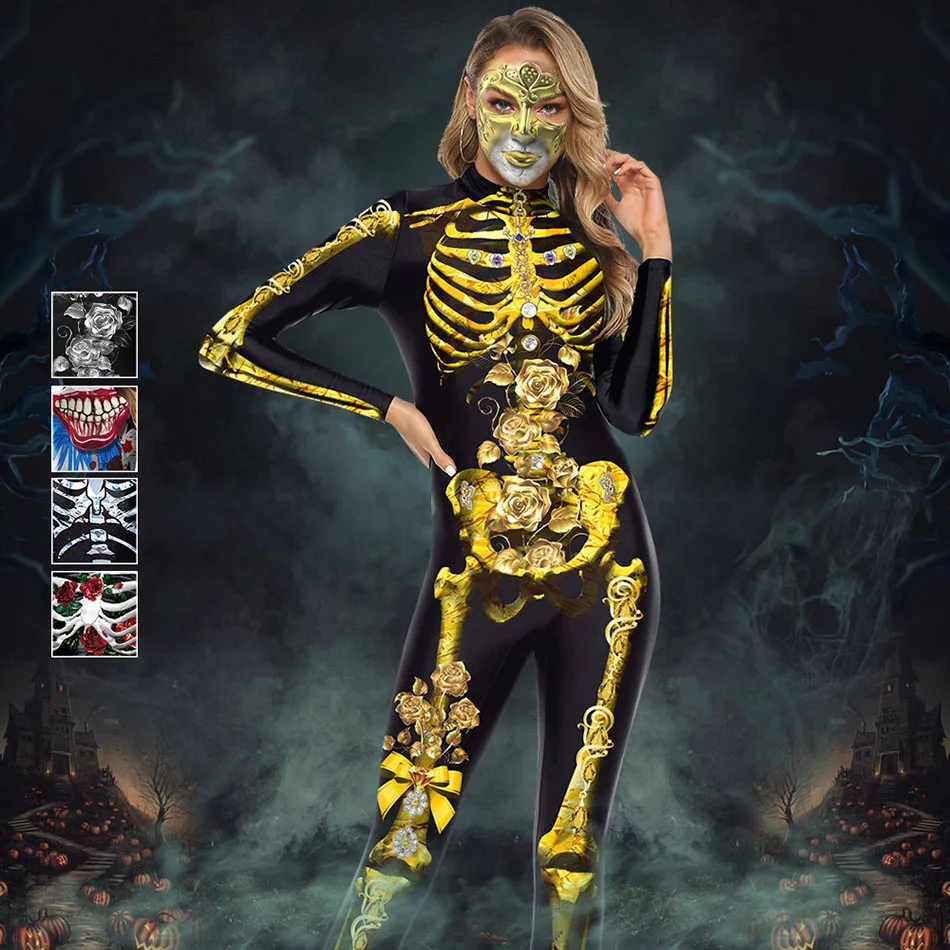 Женский костюм на Хэллоуин, комбинезон с розами и скелетом, взрослый клоун, Нарядный комбинезон, 3D принт, вариант, человек, косплей, Джокер, ролевые игры