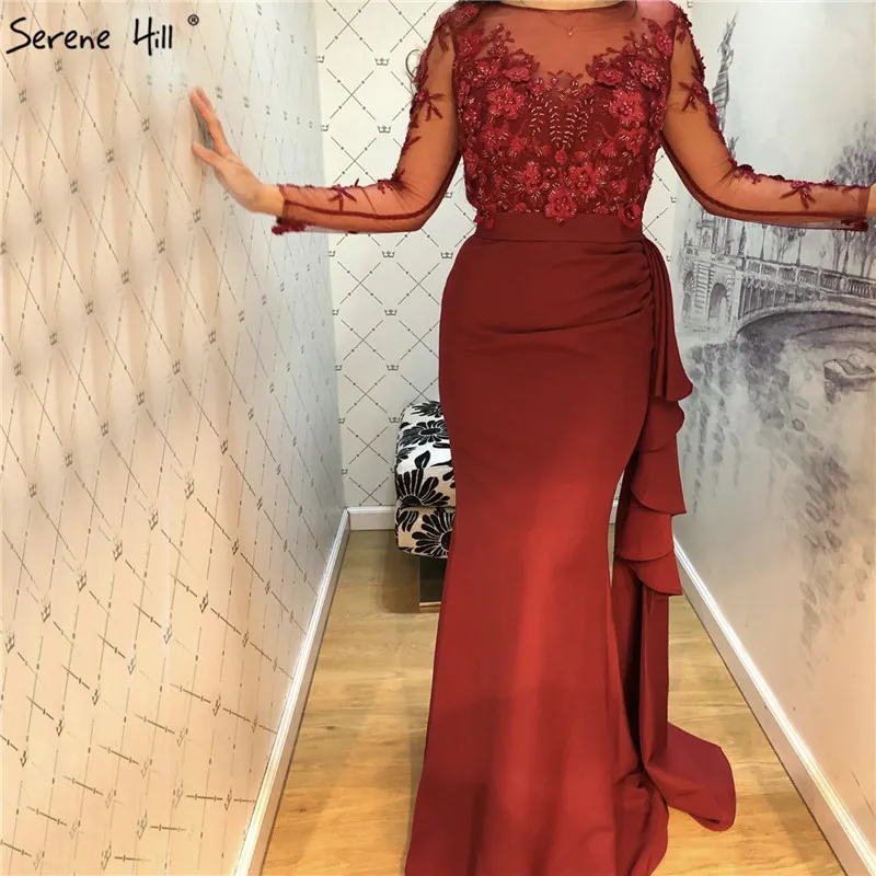 Винно-красное сатиновое платье русалки с круглым вырезом для выпускного вечера Бисероплетение ручной работы Цветы Длинные рукава платья для выпускного вечера Serene Хилл LA70244