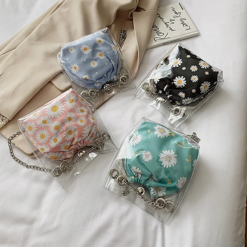 

Daisy Pattern Chain Design Bucket PVC Jelly Small Crossbody Bags For Women 2020 Summer Mini Travel Shoulder Handbags Purses