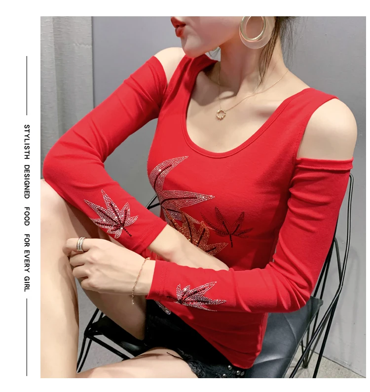 2020 Autumn long sleeve women t-shirt Sexy off the shoulder hot drilling women tops and shirt plus size women clothing