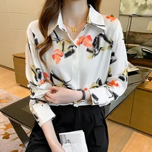

New Spring Satin Blouse Women Elegant Long Sleeves Shirt High Quality Female Printed Shirt Top Turn-down Collar Button Design